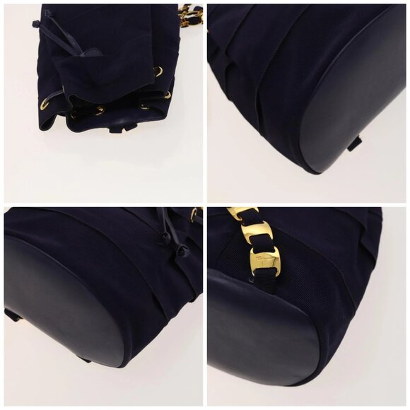 Salvatore Ferragamo Vala Chain Backpack Canvas Navy Gold Auth BA3335